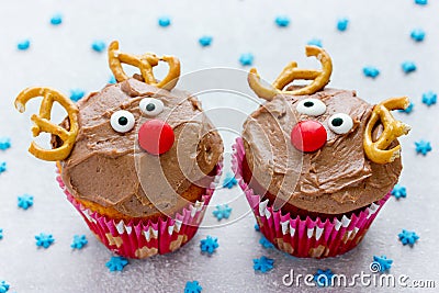 Funny christmas reindeer cupcakes delicious gift for kids Stock Photo