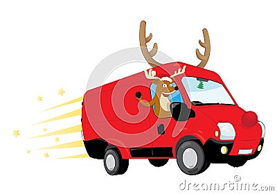 Funny Christmas Reindeer driving a red van and delivering presents Vector Illustration