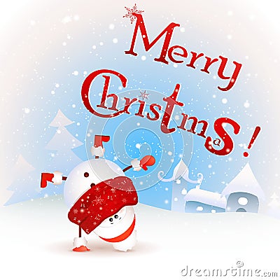 funny Christmas Snowman standing Upside down. Merry Christmas! Vintage Christmas Greeting Card. Stock Photo