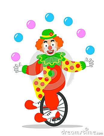 Funny circus clown juggling balls on unicycle Vector Illustration