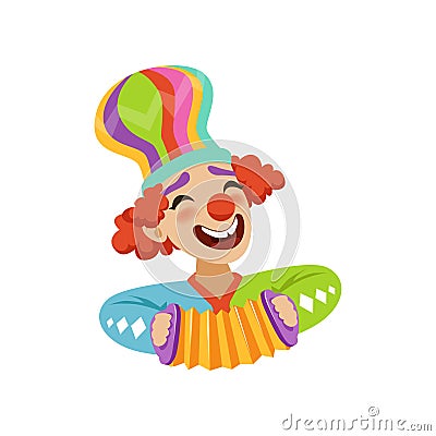 Funny circus clown playing harmonic, avatar of cartoon friendly clown in classic outfit vector Illustration Vector Illustration