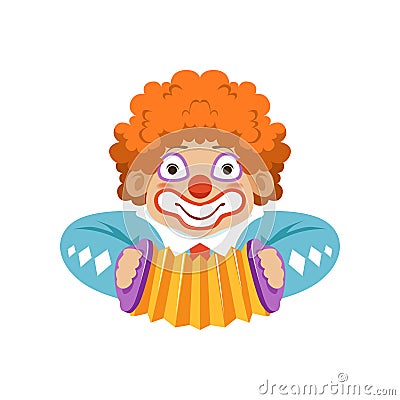 Funny circus clown in traditional makeup with harmonic, cartoon friendly clown in classic outfit vector Illustration Vector Illustration