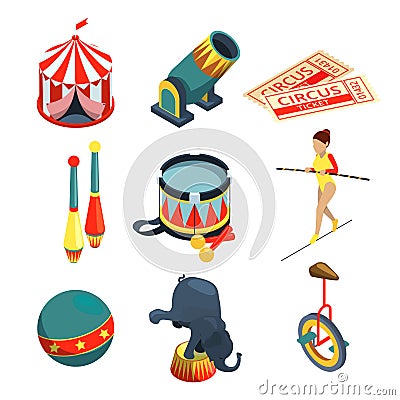 Funny circus illustrations in cartoon style. Lion trainer, clowns juggling balls. Vector pictures set Vector Illustration