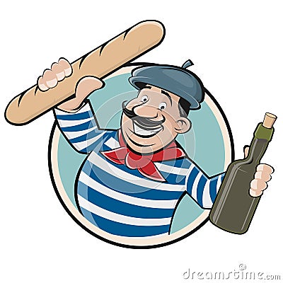French man with baguette and wine Vector Illustration