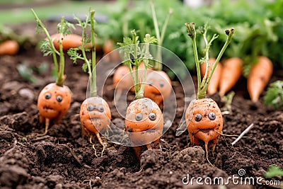 Funny close up of carrot heads in a garden Generative AI Stock Photo