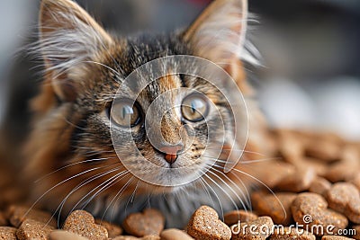 Funny close up of cat lying over plenty of heart shaped cat dry food Stock Photo