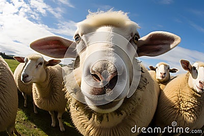 Funny close up fisheye perspective of sheep face Stock Photo
