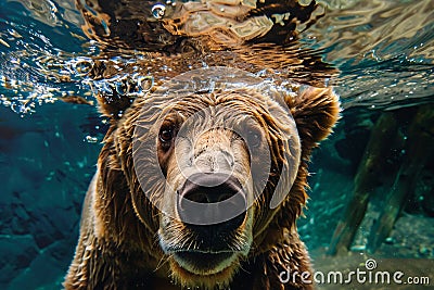 Funny close up of Grizzly bear's face underwater Stock Photo