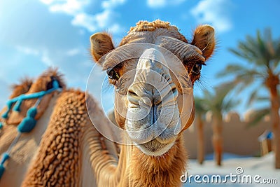 Funny close-up portrait of a camel looking at the camera against the backdrop of an African oasis landscape with palm trees Stock Photo