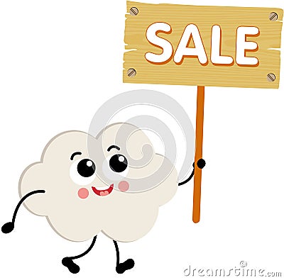 Funny cloud mascot holding a wooden sign with sale inscription Vector Illustration