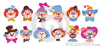 Funny clown faces. Cartoon positive comic artists heads. Happy facial expressions. Smiling circus characters. Comedians Vector Illustration