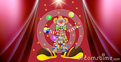 Funny clown on stage with stars and red curtains Cartoon Illustration