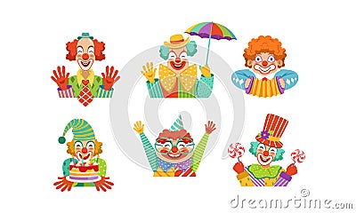 Funny Clowns Collection, Cheerful Circus Cartoon Characters, Birthday or Carnival Party Design Element Vector Vector Illustration