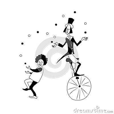 Funny clowns juggling. Black and white vector drawing image. Vector Illustration