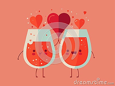 Funny Cocktail Glasses Couple Cheering With Heart Shapes. Love or Valentine`s Day Stock Photo