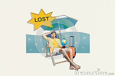 Funny collage of funny young man lying sunbed hand head confused hold globus lost dont know geolocation isolated on Stock Photo