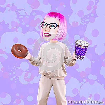 Funny collage scene. Comic office Girl character with coffee and donuts. Work, break, breakfast time concept Stock Photo