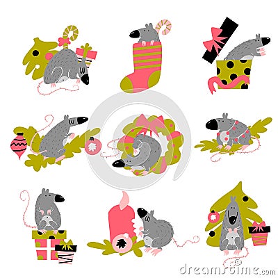 Funny collection of christmas rats. Symbol of 2020 year in chinese calendar. Vector cartoon isolated illustration. Vector Illustration