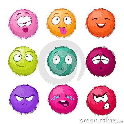 Funny colorful cartoon fluffy ball vector fuzzy characters set. Monsters with different emotion Vector Illustration