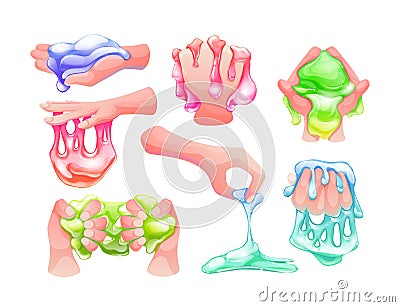 Funny colorful cartoon homemade slime holding in the hand. Vector Illustration