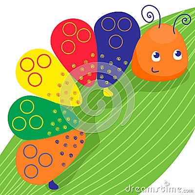 Funny colorful caterpillar. Smiling insect on the green leave. Vector illustration Vector Illustration