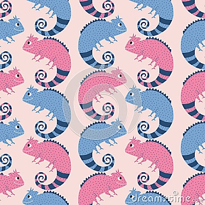 Funny colorful chameleons hand drawn vector illustration. Cute exotic lizard in flat style. Seamless pattern for kids. Vector Illustration