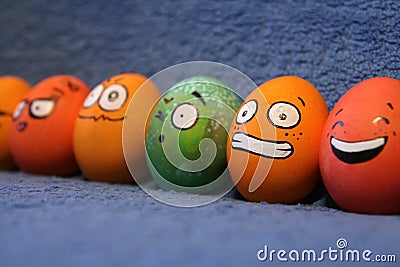 Funny colorful Easter eggs with faces Stock Photo