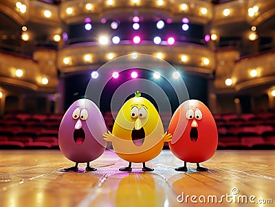 Funny colorful Easter eggs sing song on stage against the background of bright spotlights Stock Photo