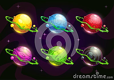 Funny colorful fantasy planets set Vector Illustration