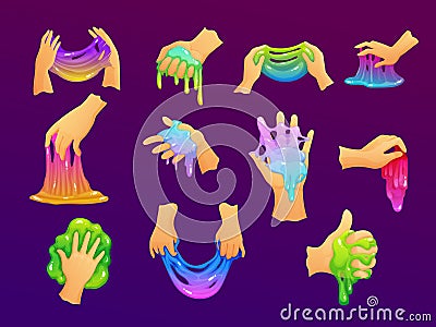Funny colorful homemade slimes holding in the hand. Vector Illustration