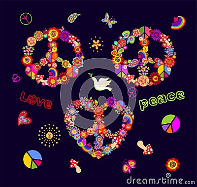 Funny colorful Peace Hippie Symbols set with flower-power, fly agaric, paisley, butterflies and rainbow for T shirt, bag, fashion Vector Illustration