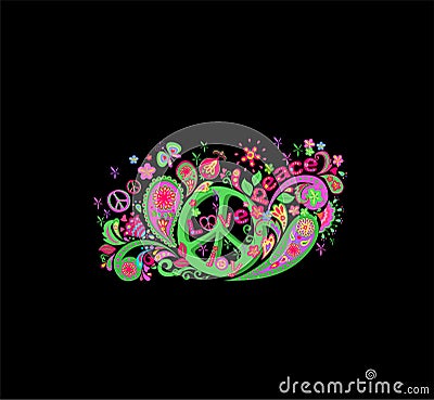 Funny colorful psychedelic print with hippie green peace symbol, flower-power, granatum, love, peace and joy word, butterfly and p Vector Illustration