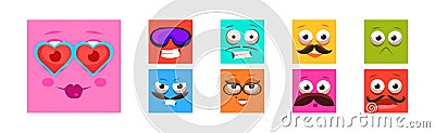 Funny Colorful Square Emoji Faces and Comic Avatars Vector Set Vector Illustration