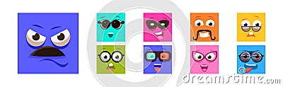 Funny Colorful Square Emoji Faces and Comic Avatars Vector Set Stock Photo
