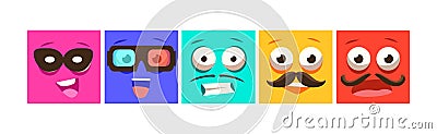 Funny Colorful Square Emoji Faces and Comic Avatars Vector Set Vector Illustration