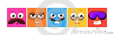 Funny Colorful Square Emoji Faces and Comic Avatars Vector Set Vector Illustration