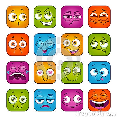 Funny colorful square faces set. Vector Illustration