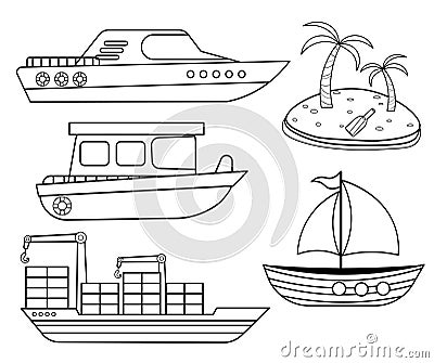 Funny coloring kids water transport set. Boat, yacht, sailboat, motorboat, container ship and desert island cartoon black and Vector Illustration