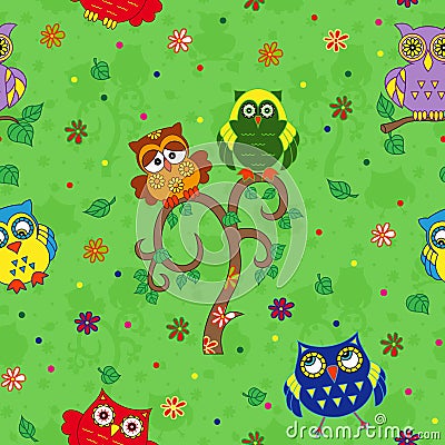 Funny colourful owl seamless pattern over green Vector Illustration