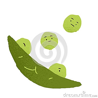 Funny comic peas from open pod. Cute green beans of vegetable. Amusing characters with sad, indifferent, bored, careless Vector Illustration