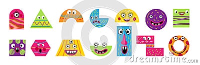 Funny comics abstract cartoon elements. Happy smile people art, geometric figures with faces, childish characters Vector Illustration