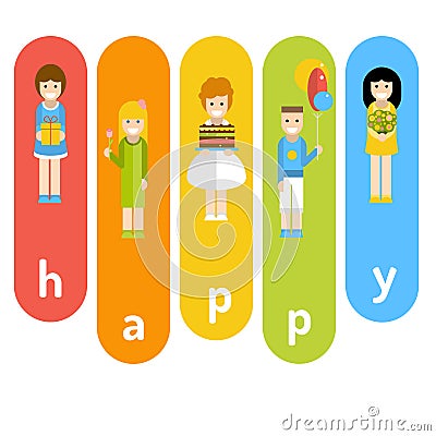 Funny company of children celebrating birthday. Vector Illustration