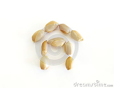 Funny composition of a little house made with open and peeled natural peanuts on white background. Organic dried fruits for a Stock Photo