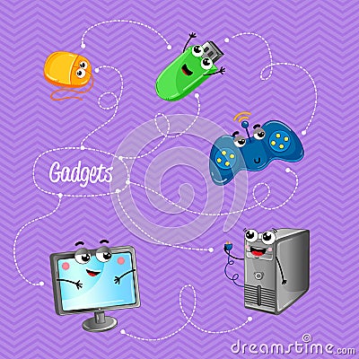 Funny computer gadgets banner in cartoon style Vector Illustration