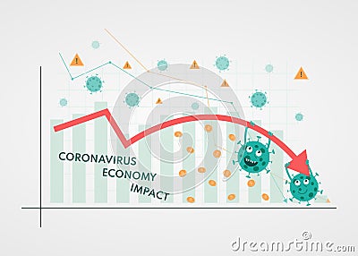 Funny concept of the effect of coronavirus on the world economy, financial crisis due to the virus. Cartoon Illustration