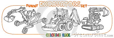 Funny constuction excavator set. Coloring book Vector Illustration