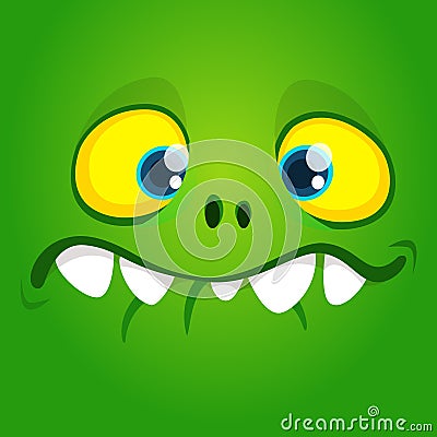 Funny cool cartoon gremlin face. Vector Halloween green monster character. Vector Illustration