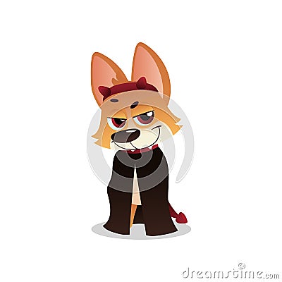 Funny corgi in black cloak with devil horns and tail. Cartoon dog character with insidious muzzle expression. Domestic Vector Illustration