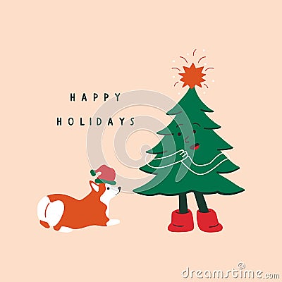 Funny corgi and Christmas tree. Abstract cartoon corgie dog sitting near the green tree, Christmas New Year vector card Vector Illustration