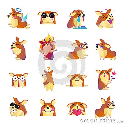 Funny Corgi Dog Cartoon Icons Set Vector Illustration